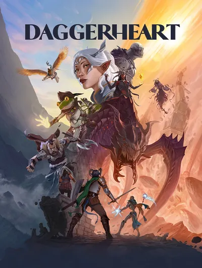 A fantasy-themed illustration featuring characters from the tabletop roleplaying game "DAGGERHEART," as displayed in bold, stylized text at the top. In the foreground, a woman with long, pale blue hair and pointed ears wears ornate, dark purple armor with gold accents. She holds a dagger in one hand and a glowing, spectral green weapon in the other. Behind her, a small, green-skinned creature with bat-like wings and large eyes clings to her shoulder.

To her left, a winged figure with golden armor and a sword flies upward, casting a bright light. Below, a muscular humanoid in heavy armor with a horned helmet wields a large hammer. Another armored figure with a skeletal, monstrous face and tattered wings stands nearby, holding a jagged weapon. In the lower right, a smaller character in blue clothing and a hood holds a glowing blue orb in one hand and a staff in the other.

The setting appears to be a rocky, mountainous landscape with a warm, orange sky and distant cliffs. Several shadowy, bat-like creatures fly in the background.