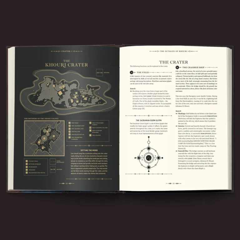 A two-page spread from the book "The Fractured Library & Other Tales From the Last Horizon" features a detailed map of the Khouri Crater on the left, showcasing various locations marked with symbols and labels. The right page includes text outlining the chapter titled "The Octagon of Khouri," detailing key locations such as "The Crater" and "The Crashed Ship," along with descriptions and narrative hooks for gameplay. The overall design is sleek, with a dark background and gold accents, enhancing the sci-fi aesthetic.