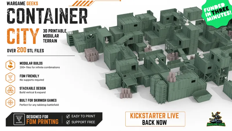 3D-rendered tabletop terrain set labeled "CONTAINER CITY." The scene depicts a modular sci-fi industrial complex composed of multiple green shipping container-style buildings of varying sizes. Some containers have open doors, windows, or ladders attached. Several containers are stacked or arranged to form multi-level structures with connecting walkways and platforms.

In the foreground, there are crates, barrels, and cylindrical containers grouped together. Some crates are wrapped in netting. A few small figures resembling miniature people are positioned near buildings and walkways. The terrain is set on a flat, white base representing a snowy or icy surface.

Visible text in the image includes:
- "CONTAINER CITY"
- "EASY TO PRINT"
- "SUPPORT FREE"
- "KICKSTARTER LIVE BACK NOW"