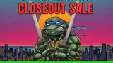 A Teenage Mutant Ninja Turtle character in green shell, blue mask, and orange bandana holds two crossed swords. Neon sign reads: "TEENAGE MUTANT NINJA TURTLES & OTHER STRANGENESS CLOSEOUT SALE" with "SHOP NOW BEFORE THEY VANISH" below. City skyline in background.