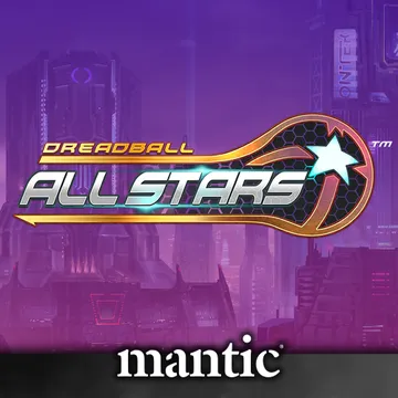 The image features the logo for "Dreadball All Stars," prominently displayed against a futuristic cityscape with tall, sleek buildings and a purple sky. The logo includes the words "DREADBALL" in bold yellow and "ALL STARS" in silver, with a stylized star and a dynamic design element suggesting movement. The Mantic logo is positioned at the bottom, indicating the publisher's branding.