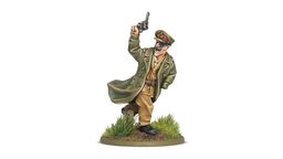 A miniature figure of Lieutenant-General Sir Adrian Carton de Wiart VC is depicted in a dynamic pose, raising a revolver in one hand while wearing a military uniform complete with a long coat and a peaked cap adorned with insignia. The figure stands on a circular base featuring tufts of grass and earthy terrain, emphasizing a battlefield setting. The detailed paintwork highlights his facial features, including a mustache and sunglasses, capturing a spirited and commanding presence.