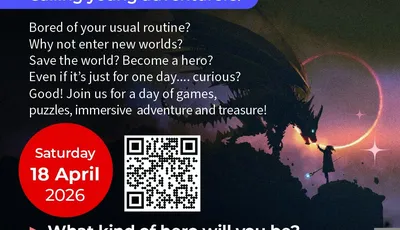 A promotional graphic for the Dragonmeet Call to Adventure event features a dramatic illustration of a dragon silhouetted against a cosmic background with stars and planets. The text invites young adventurers to join a day of games, puzzles, and immersive experiences, highlighting the event's date, Saturday, 18 April 2026, along with a QR code for ticket access. The design includes playful elements and a vibrant color scheme, emphasizing the adventurous theme.