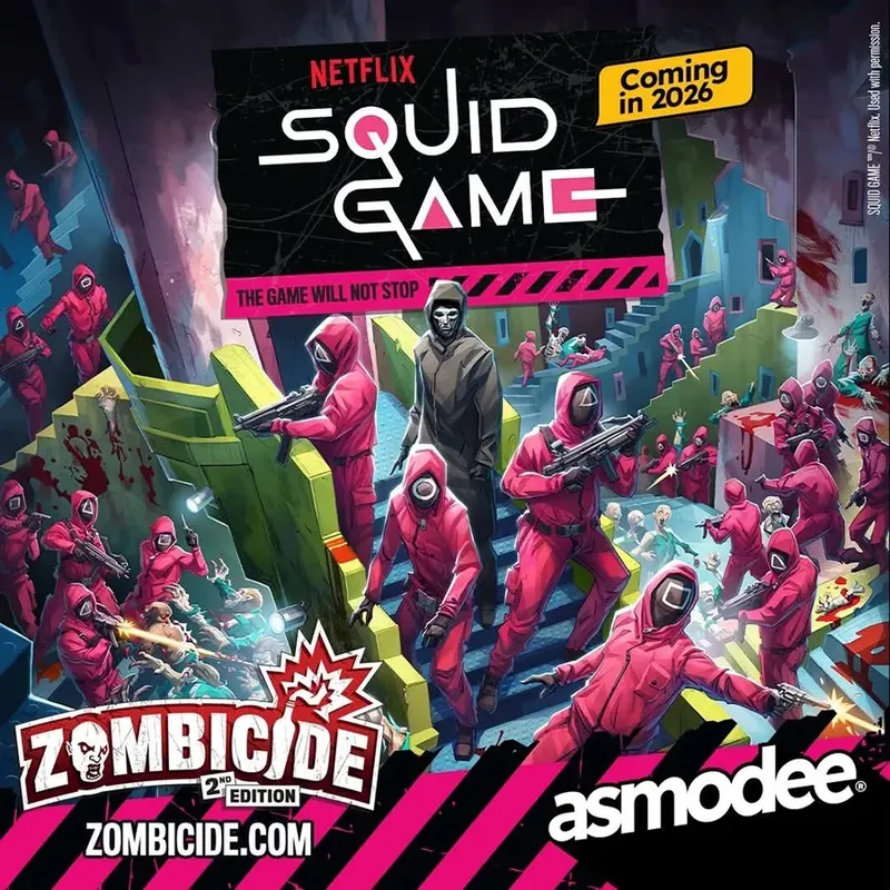 A chaotic scene featuring numerous figures in pink hooded jumpsuits and black masks, some holding weapons, in a colorful, multi-level setting with stairs and platforms. A central figure in a black hooded robe and mask stands prominently. The background includes text: "NETFLIX SQUID GAME Coming in 2026 THE GAME WILL NOT STOP". In the foreground, the text "ZOMBICIDE 2nd EDITION ZOMBICIDE.COM" and the logo "asmodee" are visible.