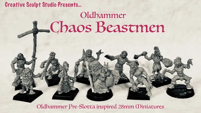 A collection of ten hand-sculpted, 28mm scale Chaos Beastmen miniatures is displayed prominently, showcasing a variety of dynamic and expressive designs. Each figure features unique characteristics, such as exaggerated limbs and distinct facial expressions, reflecting an Oldhammer aesthetic. The background includes stylized text announcing "Oldhammer Chaos Beastmen" and "Oldhammer Pre-Slotta inspired 28mm Miniatures," emphasizing the campaign's theme.