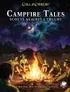 A group of young scouts sits around a campfire, illuminated by its warm glow against a starry night sky filled with swirling cosmic colors. They are dressed in scout uniforms, with tents set up in the background, creating a sense of adventure and camaraderie. The title "CAMPFIRE TALES: SCOUTS AGAINST CTHULHU" is prominently displayed at the top, along with the names of the authors at the bottom.