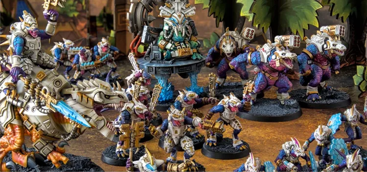 A dynamic scene featuring a variety of intricately designed miniatures from the Saurian Starhost army, showcasing colorful lizardmen in futuristic armor, armed with weapons. In the center, a larger figure sits on a throne-like structure, adorned with ornate details, while smaller lizardmen flank it, some wielding guns and others displaying fierce expressions. The background includes hints of lush foliage and a textured ground, enhancing the sci-fi atmosphere of the setting.
