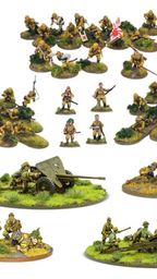 The image showcases a collection of Imperial Japanese miniatures from Warlord Games' new 'Revere the Emperor' bundle. It features 30 multi-pose plastic infantry figures, positioned in various stances, along with a 47mm light anti-tank gun and a Type 91 105mm medium howitzer, each displayed on grassy bases. Additionally, there are teams for a medium machine gun and a heavy mortar, all set against a white background, highlighting the detailed sculpting and painting of the miniatures.