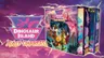 A vibrant and colorful display features the box art for "Dinosaur Island: Fully Charged," prominently showcasing the game's title in bold pink lettering. The artwork depicts a lively scene with characters interacting with dinosaurs, set against a tropical backdrop filled with palm trees and a dramatic sky. To the right, additional game boxes are visible, hinting at expansions or related content, all framed by a dynamic, electrifying design.