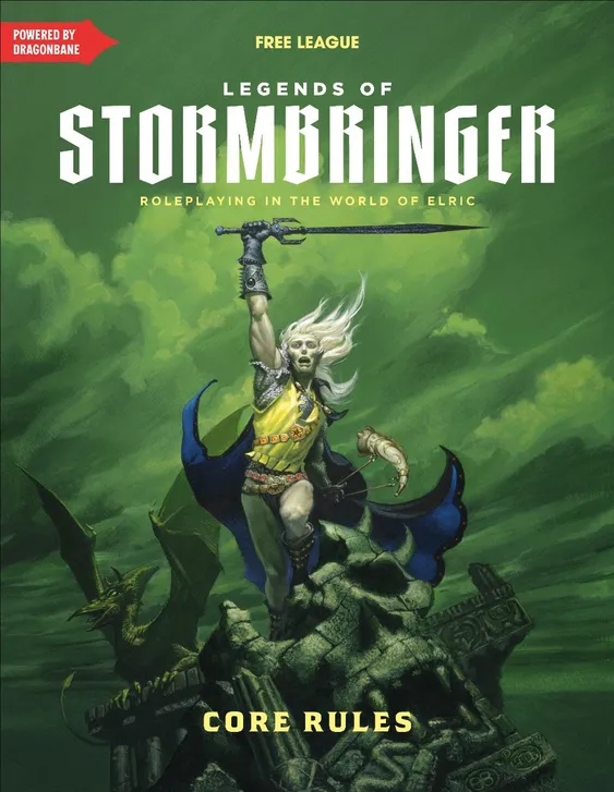 A heroic figure stands atop a rocky outcrop, wielding a sword raised high, with long, flowing white hair and a determined expression. The character is dressed in a yellow tunic and dark armor, complemented by a blue cape that billows dramatically. The background features swirling green hues, evoking a mystical atmosphere, while a dragon's head can be seen in the lower left corner, adding to the fantastical elements of the scene. The title 