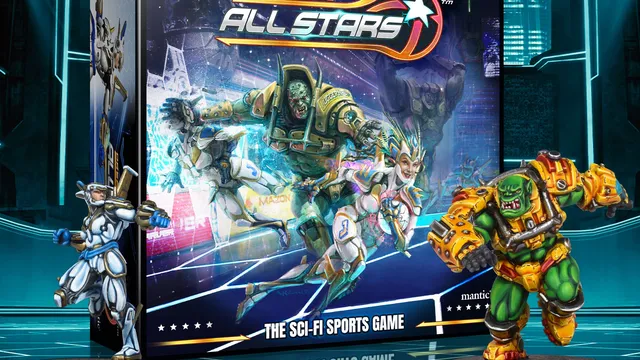 A vibrant display features the box art for "DreadBall: All Stars," showcasing dynamic illustrations of various futuristic characters engaged in a competitive sports setting. In the foreground, two miniatures are prominently displayed: one is a sleek, armored figure, and the other is a muscular, green-skinned character in heavy armor. The text "BACK NOW ON KICKSTARTER" is boldly presented at the bottom, emphasizing the crowdfunding campaign.