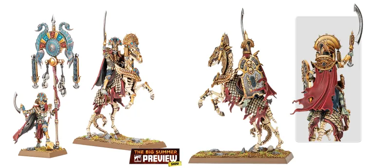 A pair of intricately designed skeletal riders on horseback, representing the Royal Heralds from the Tomb Kings faction. The riders are adorned with ornate armor featuring gold and colorful accents, while their skeletal horses exhibit detailed bone structures. The base is decorated with grass and small rocks, enhancing the overall presentation of these undead miniatures.