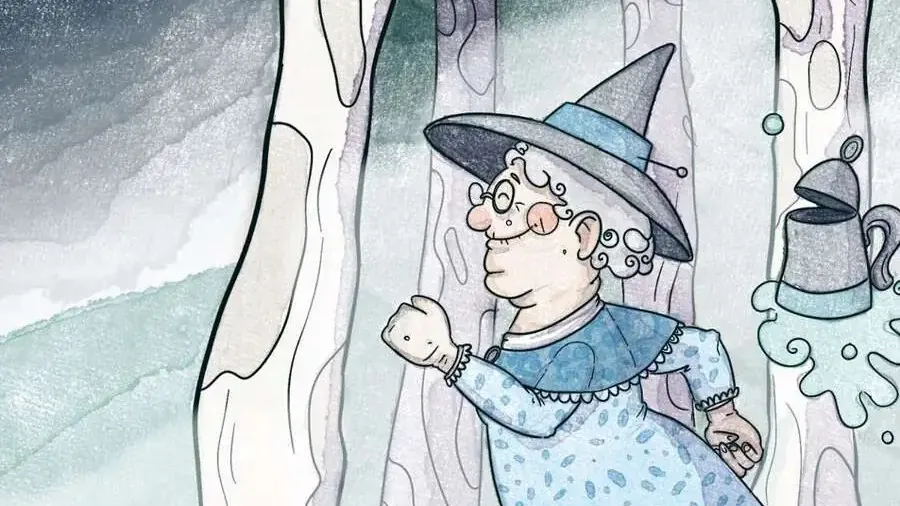 Witch in blue dress, pointed hat, holding cauldron, trees behind, text "OF FOLK AND FEY"