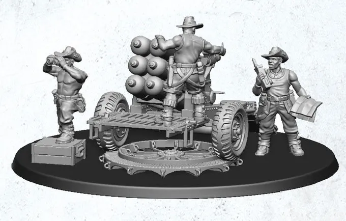 Three detailed miniatures are displayed on a circular base, showcasing a mechanized artillery piece. The central figure, wearing a boonie hat, is positioned behind a cart loaded with cylindrical projectiles, while another figure on the left is holding binoculars, and a third figure on the right is armed with a pistol and holding a clipboard. The miniatures are intricately designed, emphasizing their sci-fi Australian theme.