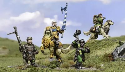 A group of halfling miniatures stands on a grassy terrain, showcasing their unique characteristics. In the center, a halfling in ornate armor rides a large, lion-like creature, holding a blue and white banner. To the left, another halfling wields a spear, while a third, dressed in green, brandishes a hammer. A fourth halfling rides a smaller, dog-like creature, completing the ensemble of pint-sized warriors. The background features a soft blue sky with scattered clouds, enhancing the whimsical atmosphere.