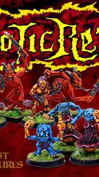 A collection of 15 detailed miniatures from the BeQuest Miniatures range titled "Chaotic Realms Demons," featuring various demons and demonettes representing Change, Plague, Blood, and Lust. The miniatures are painted in vibrant colors, showcasing dynamic poses and intricate designs, set against a fiery red background with the title "Chaotic Realms" prominently displayed at the top. The BeQuest Miniatures logo is visible in the lower corner, emphasizing the brand.