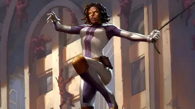 A superhero in a blue and purple bodysuit with a cape stands on a rooftop, holding a sword. Below, a large dark creature with horns and wings attacks a person in a red jacket. The background shows a dimly lit, rainy urban setting with a building facade.