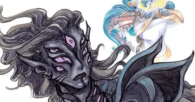 "AT THE GATES" text above a dark figure with multiple eyes and a blue-haired figure holding a book.