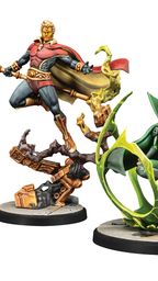 The image features three miniatures from Marvel: Crisis Protocol. On the left, Adam Warlock stands in a dynamic pose, wielding a staff and wearing a red and blue costume with a flowing cape. To the right, Moondragon is depicted seated in a meditative pose, surrounded by a green, swirling energy effect, dressed in a green suit. Both miniatures are mounted on circular bases, with intricate details highlighting their cosmic themes.