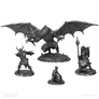 Gray metal miniatures: dragon, warrior, mage, thief on bases.