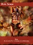 The image features a character named Blue Senga, depicted as a muscular barbarian warrior. She has long, flowing red hair and a fierce expression, showcasing a mix of tribal tattoos and war paint on her body. Senga wears a plaid boobtube and a trophy sporran, emphasizing her bold and unconventional fashion choices. The background is chaotic, filled with flames and the silhouettes of other warriors, suggesting a battle scene. The overall artwork channels a vibrant, fantasy aesthetic reminiscent of classic illustrations, with a focus on strength and intensity.