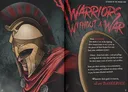 Helmet of a warrior with a cracked, skull-like faceplate and a red-and-black striped plume. The helmet is positioned in the foreground, angled slightly to the left. Behind it, large, jagged red text reads "WARRIOR WITHOUT A WAR". To the right, a block of smaller white text on a dark parchment-like background reads: "Many SOLDIERS that made it out of the fight alive return home to try to put the pieces of their former lives back together and find some semblance of peace. Others - from both sides - turn to banditry to bring back the riches they fought for their many years of service. Some put their training to use as cutthroats, tribes, and warlords to pay for more bloodshed and war. Whatever their goals... all are DANGEROUS."