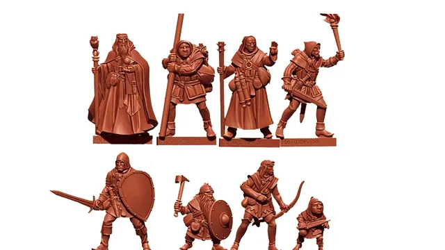 A collection of eight fantasy miniatures is displayed, sculpted in a reddish-brown material. The figures include a male wizard with a staff, a male cleric, a male fighter, a male half-elf thief, a male elf ranger, a male halfling thief, and a male human henchman, all depicted in dynamic poses. Each miniature is designed to be 28mm in scale, showcasing a variety of armor and weapons, suitable for a typical fantasy RPG party.