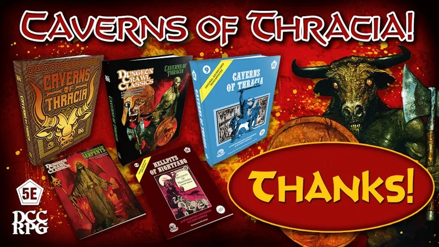 A collection of tabletop role-playing game books is displayed against a vibrant red background. Prominent titles include "Caverns of Thracia," "Dungeon Crawl Classics," and "Hearts of Hightane," each featuring distinct artwork that reflects fantasy themes. The word "THANKS" is prominently featured in bold yellow text, adding a celebratory touch to the scene.