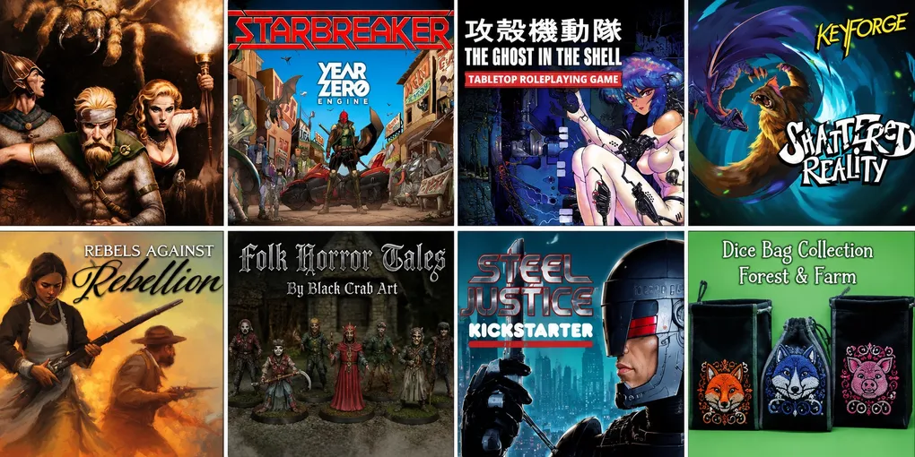 Top left: STARBREAKER, YEAR ZERO ENGINE, street scene with armed figures.
Top right: THE GHOST IN THE SHELL, woman with blue hair and cybernetic body.
Bottom left: Folk Horror Tales, miniatures of robed figures.
Bottom right: STEEL