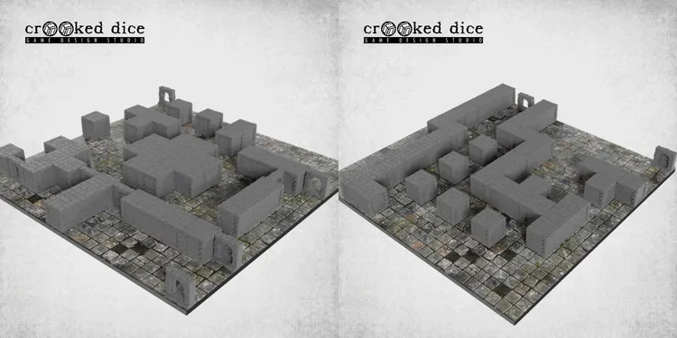 A collection of modular dungeon blocks in various shapes and sizes, all in a gray color, is displayed on a textured flagstone game mat. The blocks are arranged to form walls, rooms, and corridors, showcasing their versatility for tabletop gaming. The scene includes a mix of solid blocks and archways, set against a backdrop of detailed stone flooring.