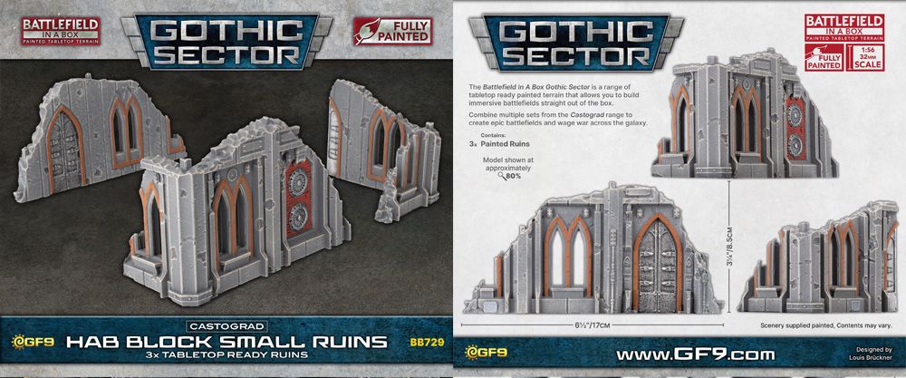 A set of three small ruined hab blocks, featuring gothic architectural elements such as pointed arches and intricate detailing, are displayed against a dark background. The ruins are painted in shades of gray with orange accents, showcasing a weathered appearance. Accompanying text highlights that these pieces are part of the Gothic Sector range, designed for tabletop gaming and ready to use straight out of the box.