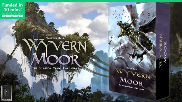"Wyvern Moor Dungeon Crawl Card Game" book cover and floating island landscape.