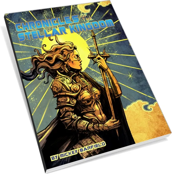 Book cover: "Chronicles of the Stellar Kingdom" by Mickey Barfield, armored woman with sword, cosmic background.