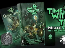 "Time Without Tide" book covers, glowing green text, fantasy art, and "Mirth & Misery in the World of Fog" text.