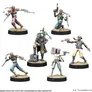 A collection of six unpainted miniatures representing Weequay pirates from the Star Wars universe, arranged in a dynamic formation. Each figure showcases distinct poses and weaponry, including blasters and melee weapons, with varied clothing styles that reflect their mercenary nature. The bases are textured to resemble a rugged terrain, enhancing the overall aesthetic of the miniatures.