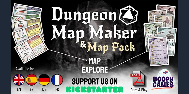 The image features promotional artwork for the "Dungeon Map Maker & Map Pack" Kickstarter by Doopy Games. The title is prominently displayed in a bold, stylized font, with a geometric symbol above it. Surrounding the title are various game elements, including cards showcasing character stats and abilities, and icons indicating language availability (English, Spanish, German, and French). The bottom of the image includes a call to action to support the project on Kickstarter, along with logos for PDF and print options. The background has a dark, atmospheric design that evokes a fantasy theme.