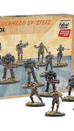 A box labeled "Brotherhood of Steel Core Box" prominently displays eight 32mm scale miniatures from the Fallout universe, featuring a mix of characters including a Paladin and Knight in power armor, Field Scribes, and Brotherhood of Steel members. The miniatures are arranged on a light blue background, with detailed bases that include tufts of grass. The box design incorporates the Fallout logo and highlights the contents, emphasizing the high-quality, multi-part, hard plastic nature of the miniatures.