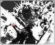 Black and white illustration of skeletal figures with a red hand reaching out.