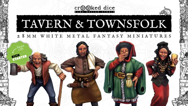 Five fantasy miniatures are displayed, showcasing a diverse group of tavern patrons and townsfolk. From left to right, there is a grinning old man with a cane, a stout man in a brown tunic, a woman in a green and red cloak holding a tankard, and a woman in a black dress with a playful expression. The background features the title "TAVERN & TOWNSFOLK" in bold lettering, indicating the theme of the upcoming Kickstarter campaign.