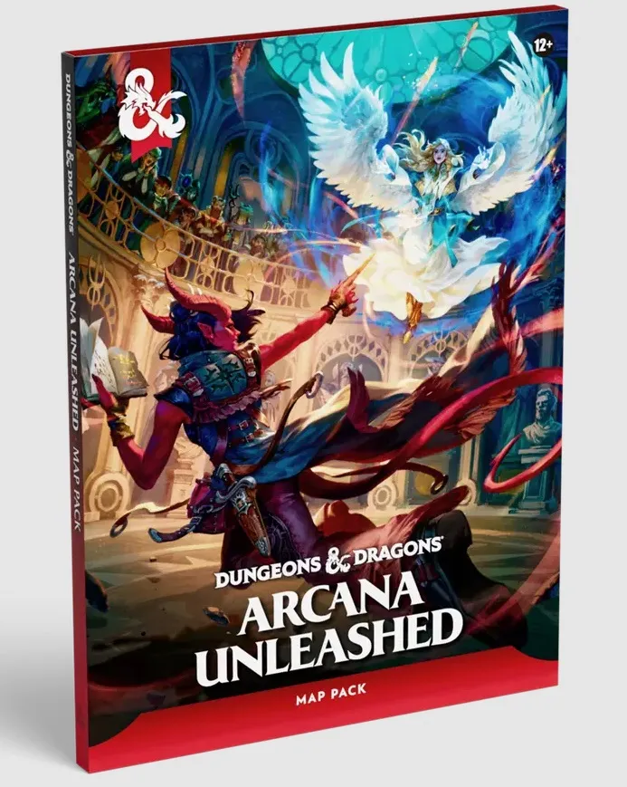 Book cover for "Dungeons & Dragons Arcana Unleashed Map Pack". A horned figure in dynamic pose, wearing armor and holding an open book, stands in the foreground. Behind them, a winged figure with flowing hair and glowing blue wings hovers above a grand, ornate hall with arched windows and columns. The title "Dungeons & Dragons Arcana Unleashed" is prominently displayed in white text, with "Map Pack" in smaller text below. The top left corner features the Dungeons & Dragons logo.