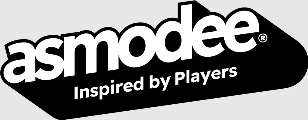 The image features the Asmodee logo, prominently displayed in bold, modern typography. The word "Asmodee" is in large, white letters against a black background, with the tagline "Inspired by Players" in smaller white text below. The overall design conveys a sleek and professional aesthetic, reflecting the brand's focus on tabletop gaming.