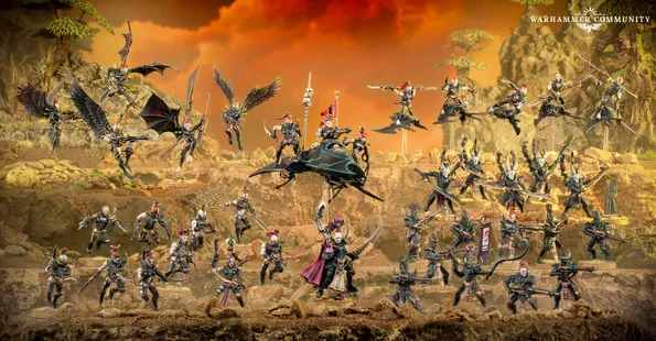 A dynamic display of Drukhari miniatures showcases a variety of figures, including the prominent Archon Lady Malys in the foreground, wielding a barbed longsword. Surrounding her are several lethal lieutenants and warriors, each adorned with intricate armor and weapons, set against a dramatic backdrop of rocky terrain and a fiery sky. The scene captures the essence of the Drukhari's dark and menacing aesthetic, highlighting their agility and deadly prowess in battle.