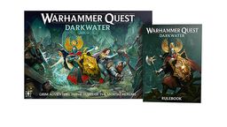 The image features the box art for "Warhammer Quest: Darkwater," showcasing a dynamic scene of heroes engaged in battle against various foes in a dark, murky environment. Prominent characters include a knight with a lion-emblazoned shield, a warrior wielding a spear, and a female character with flowing hair, all set against a backdrop of ominous creatures and ruins. To the right, the rulebook is displayed, featuring similar artwork and the title "Warhammer Quest: Darkwater."