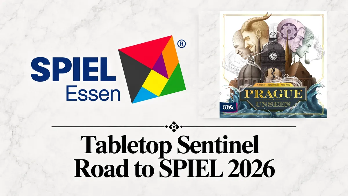 Cover art for Prague Unseen board game: stylized illustration of a clock tower on waves, two masked figures, and a steam-powered machine. Text reads "PRAGUE UNSEEN" and "ALBI" at bottom. Logo for SPIEL 2026 and "Road to SPIEL" banner above.