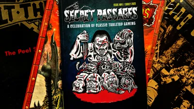 A striking cover of "Secret Passages" features a bold, graphic illustration of a fierce warrior holding a dagger, surrounded by a collection of grotesque, stylized heads and skulls, all set against a dark background. The title "SECRET PASSAGES" is prominently displayed at the top in a jagged, eye-catching font, with the subtitle "A Celebration of Classic Tabletop Gaming" below it. The overall color scheme includes deep reds and blacks, enhancing the dramatic and edgy aesthetic of the design.