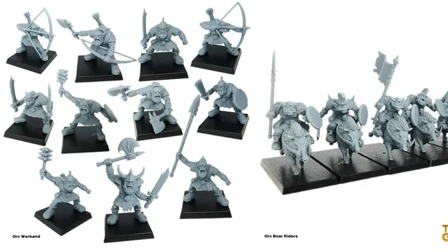 A collection of ten grey plastic orc miniatures is displayed on black bases, showcasing various poses and weapons. The orcs are equipped with a mix of weapons, including bows, swords, axes, and shields, highlighting their battle-ready stance. Each figure features distinct facial expressions and armor details, emphasizing their fierce and aggressive nature.