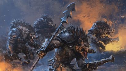 A group of fierce, anthropomorphic boars clad in rugged armor and wielding weapons, including a large, spiked spear, charge forward in a dynamic battle scene. Their muscular forms are accentuated by spiky fur and menacing expressions, showcasing their readiness for combat. In the background, additional boars can be seen, adding to the chaotic atmosphere of the illustration, which features dark, smoky tones and hints of fiery orange, suggesting a tumultuous battlefield.