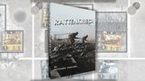 A game box for "RATTENKRIEG!" features a dramatic black-and-white image of two soldiers navigating through a war-torn landscape, emphasizing the game's focus on the Battle of Stalingrad. The title "RATTENKRIEG!" is prominently displayed in bold, white letters at the top, with the designer's name, Gottardo Zancanni, listed below. In the background, various game components, including counters and maps, are partially visible, hinting at the game's intricate mechanics and immersive experience.