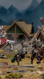 A detailed scene features Helm Hammerhand, King of Rohan, depicted both mounted on an armoured horse and on foot, alongside several Rohirrim warriors. The figures are intricately painted, showcasing vibrant colors and detailed armor, set against a backdrop of rustic wooden structures resembling Rohan architecture. The environment includes rocky terrain and hints of mountainous scenery, enhancing the thematic setting of the Middle-earth Strategy Battle Game.