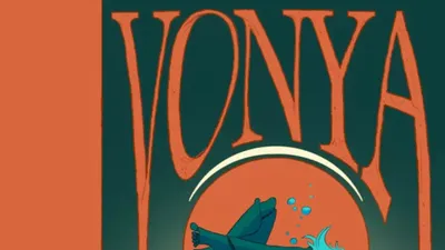 A seated figure in a long coat and hat, holding a glowing orb with a small creature inside. Above, a circular window shows a blue whale and smaller aquatic creatures in a red-orange underwater scene. Text reads "by Henry Harris" in small font near the top center.